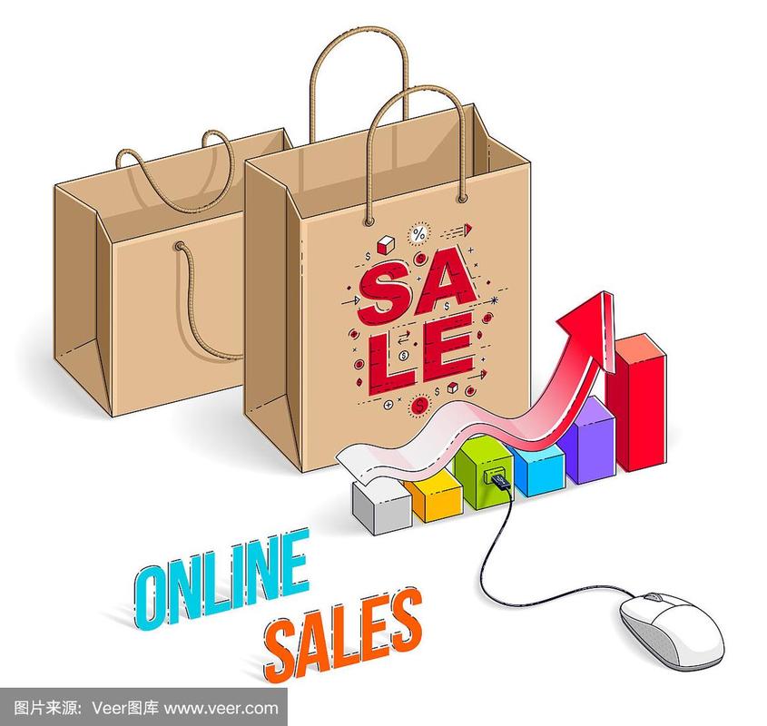 网上商店概念,网上商店,网上销售,购物袋与电脑鼠标和增长图表孤立在